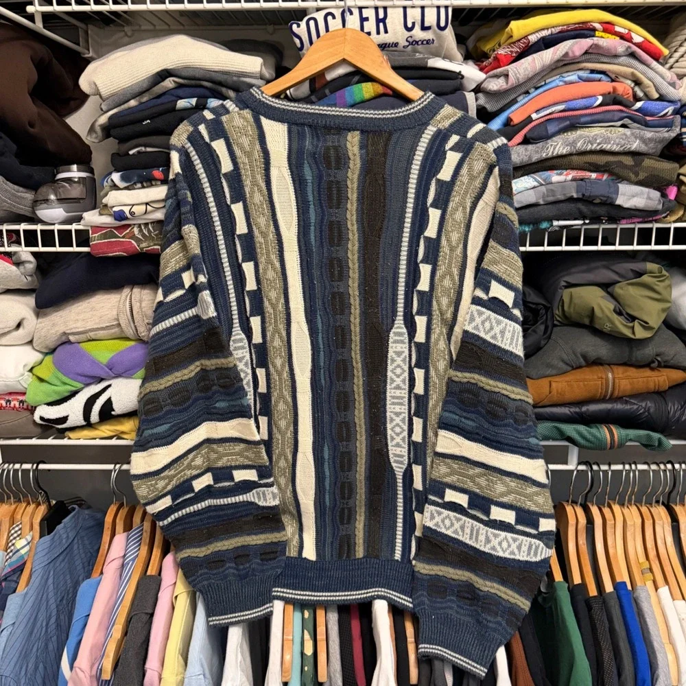 Vintage 3D Knit Sweater Mens M Blue Coogi Style Textured Crewneck Retro Pullover - Picture 4 of 6